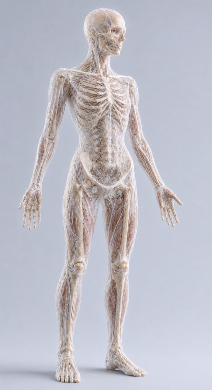 Representação artística de um corpo humano envolto por uma rede contínua de fáscia